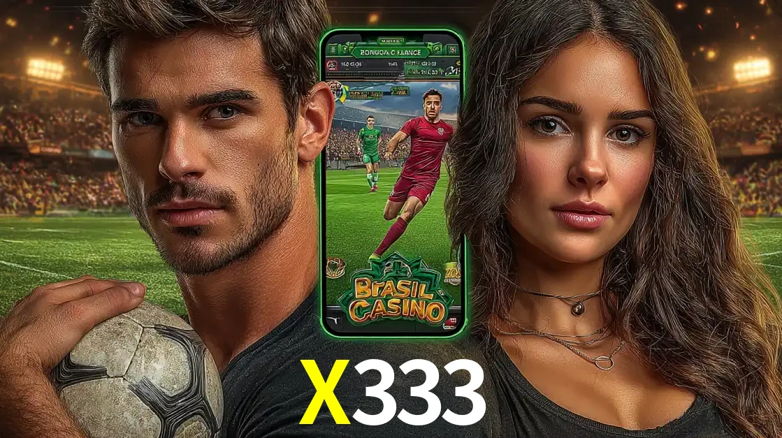Homem segurando uma bola de futebol e uma mulher ao lado de um smartphone exibindo o jogo de apostas esportivas da X333. Faça seu palpite no cassino online.