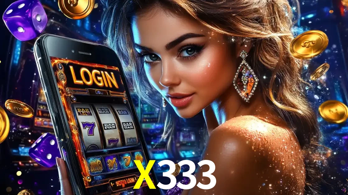 Mulher glamorosa segurando um smartphone com a tela de login para os jogos de caça-níqueis do cassino online X333, com moedas de ouro e dados ao redor.